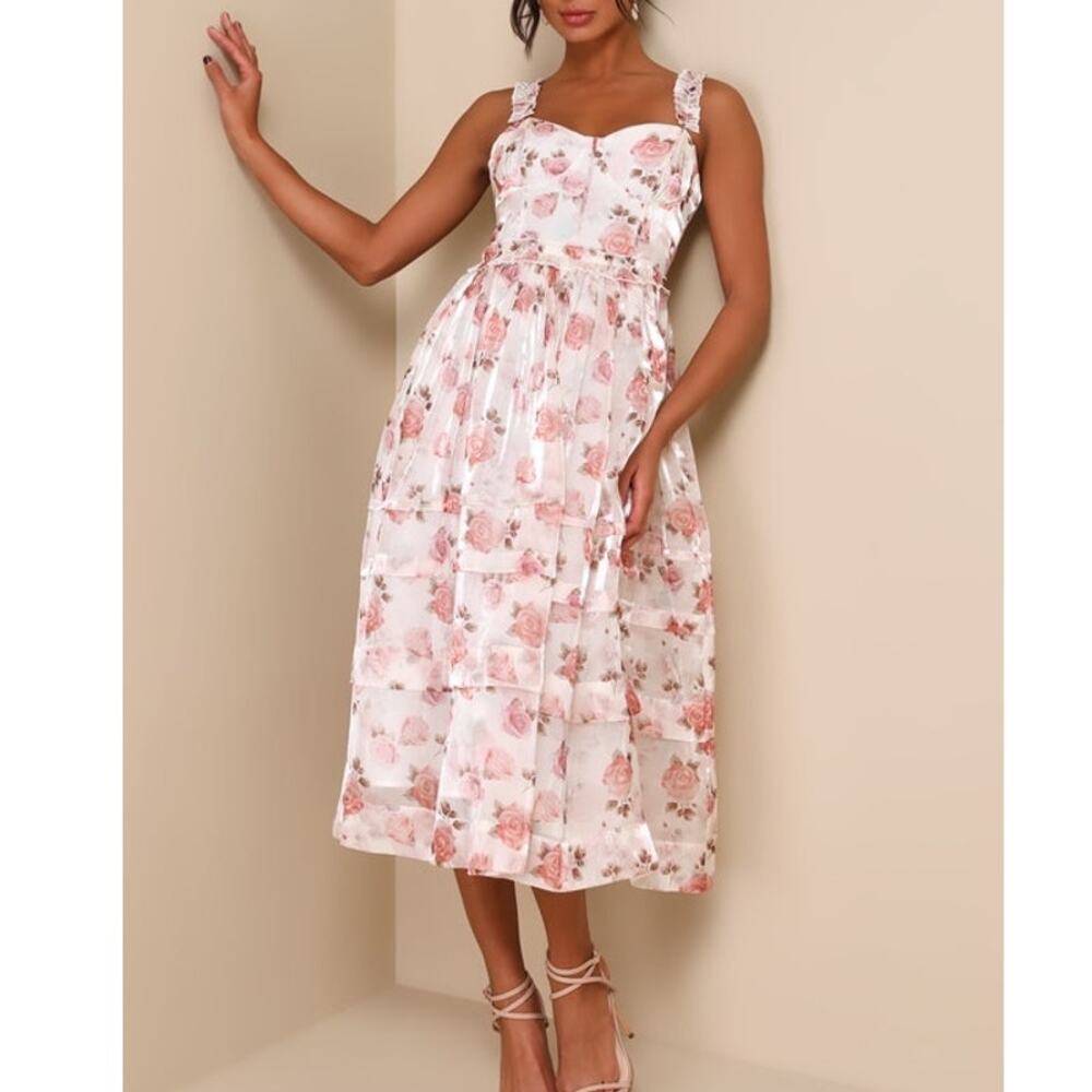 LULUS XL Ivory Sincerely Enchanting Sleeveless Floral Midi Dress B122 FLAW